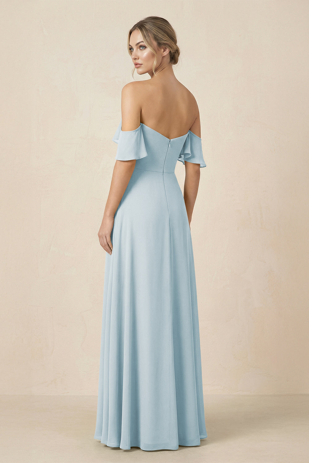 Off-the-Shoulder A-Line Chiffon Ruched Bridesmaid Dress in Sky Blue
