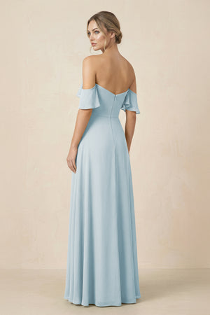 Off-the-Shoulder A-Line Chiffon Ruched Bridesmaid Dress in Sky Blue (2) | KISSBRIDAL