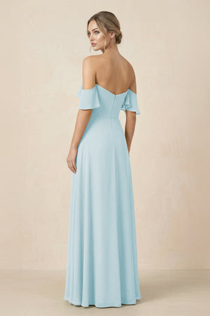 Off-the-Shoulder A-Line Chiffon Ruched Bridesmaid Dress in Sky Blue - SHE IS ME BRIDESMAID DRESSES