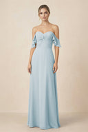 Off-the-Shoulder A-Line Chiffon Ruched Bridesmaid Dress in Sky Blue | KISSBRIDAL