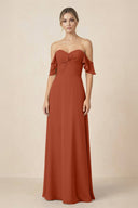 Off-the-Shoulder A-Line Chiffon Ruched Bridesmaid Dress in Spice - SHE IS ME BRIDESMAID DRESSES