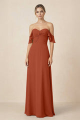 Off-the-Shoulder A-Line Chiffon Ruched Bridesmaid Dress in Spice - KISS BRIDAL BRIDESMAID DRESSES