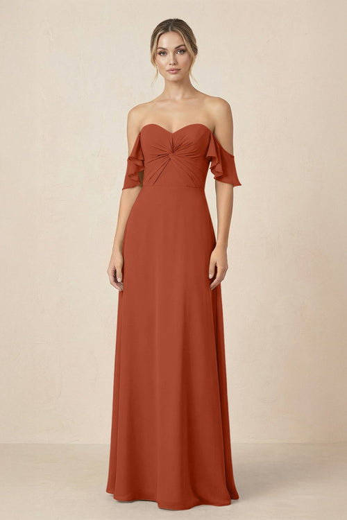 Off-the-Shoulder A-Line Chiffon Ruched Bridesmaid Dress in Spice - SHE IS ME BRIDESMAID DRESSES