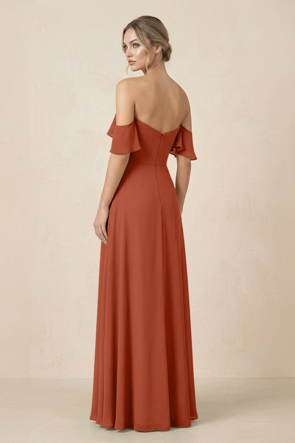 Off-the-Shoulder A-Line Chiffon Ruched Bridesmaid Dress in Spice - SHE IS ME BRIDESMAID DRESSES