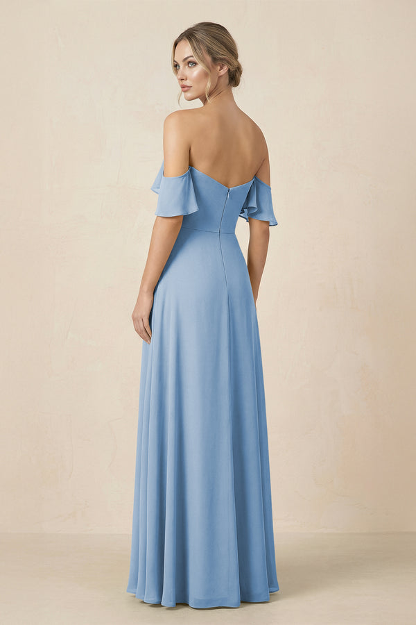Off-the-Shoulder A-Line Chiffon Ruched Bridesmaid Dress in Steel Blue (2) | KISSBRIDAL