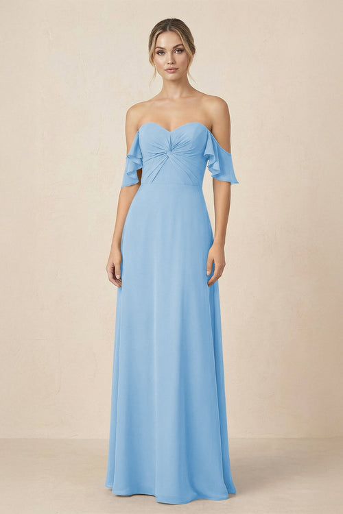 Off-the-Shoulder A-Line Chiffon Ruched Bridesmaid Dress in Steel Blue - SHE IS ME BRIDESMAID DRESSES