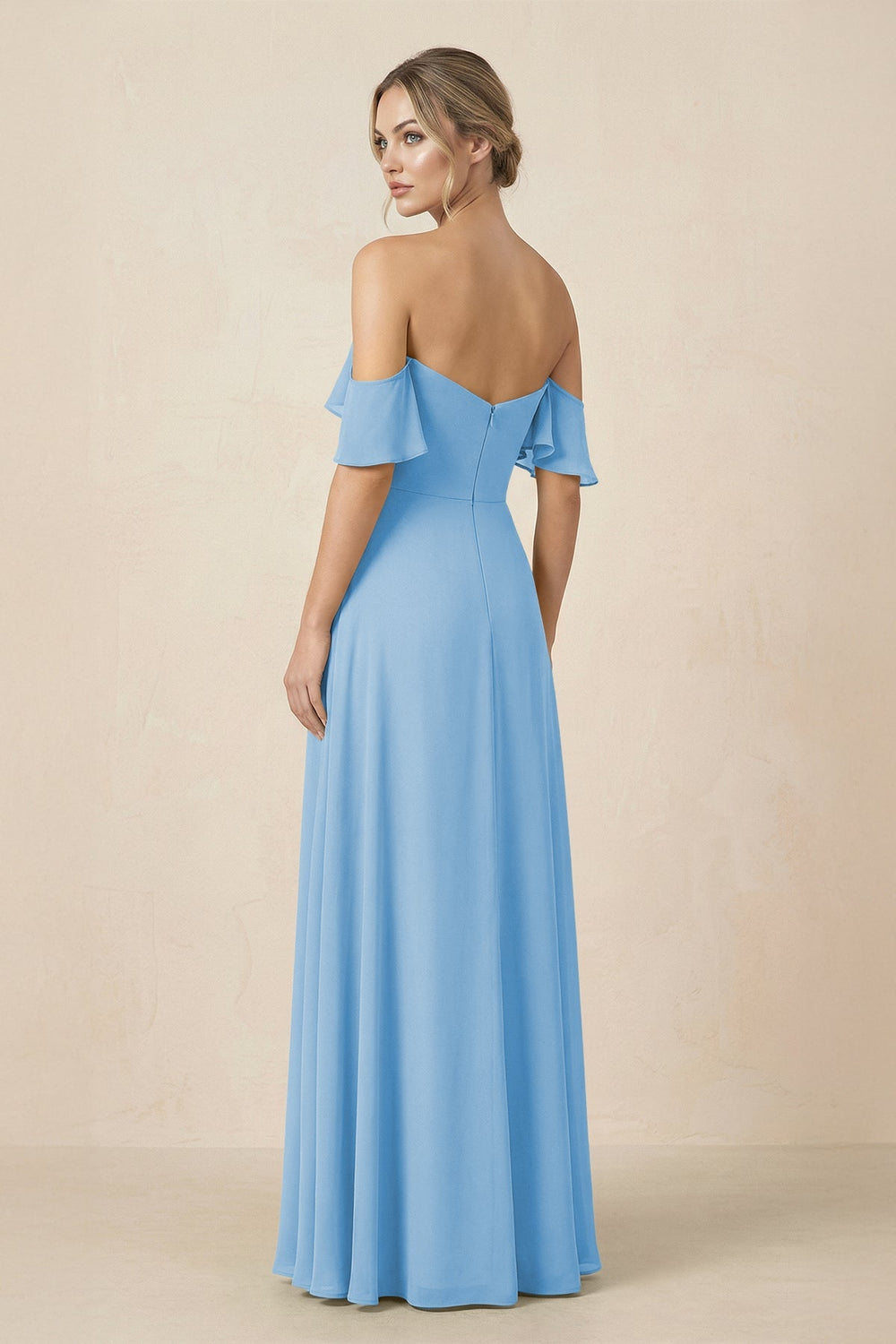 Off-the-Shoulder A-Line Chiffon Ruched Bridesmaid Dress in Steel Blue - KISS BRIDAL BRIDESMAID DRESSES