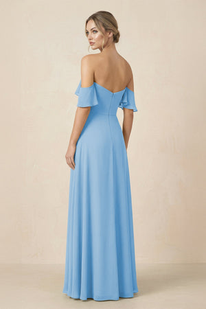 Off-the-Shoulder A-Line Chiffon Ruched Bridesmaid Dress in Steel Blue - SHE IS ME BRIDESMAID DRESSES
