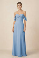 Off-the-Shoulder A-Line Chiffon Ruched Bridesmaid Dress in Steel Blue | KISSBRIDAL