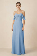 Off-the-Shoulder A-Line Chiffon Ruched Bridesmaid Dress in Steel Blue | KISSBRIDAL