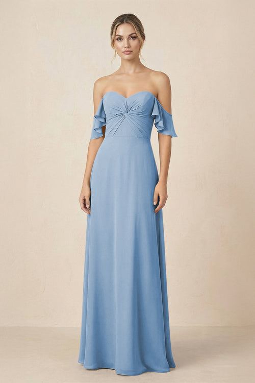 Off-the-Shoulder A-Line Chiffon Ruched Bridesmaid Dress in Steel Blue | KISSBRIDAL
