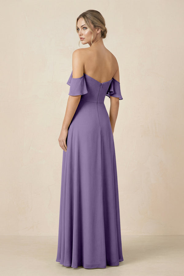 Off-the-Shoulder A-Line Chiffon Ruched Bridesmaid Dress in Tahiti (2) | KISSBRIDAL