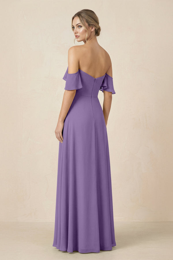 Off-the-Shoulder A-Line Chiffon Ruched Bridesmaid Dress in Tahiti - SHE IS ME BRIDESMAID DRESSES