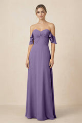 Off-the-Shoulder A-Line Chiffon Ruched Bridesmaid Dress in Tahiti | KISSBRIDAL
