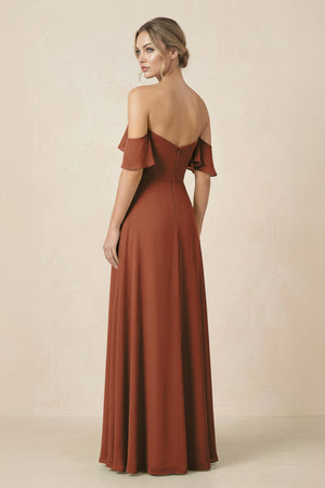 Off-the-Shoulder A-Line Chiffon Ruched Bridesmaid Dress in Terracotta (2) | KISSBRIDAL