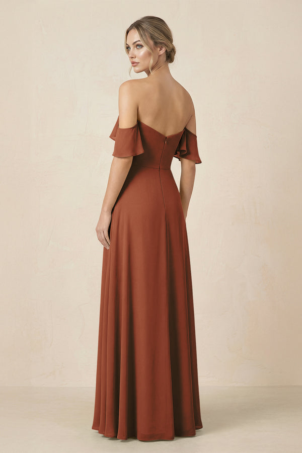 Off-the-Shoulder A-Line Chiffon Ruched Bridesmaid Dress in Terracotta (2) | KISSBRIDAL