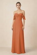 Off-the-Shoulder A-Line Chiffon Ruched Bridesmaid Dress in Terracotta - SHE IS ME BRIDESMAID DRESSES