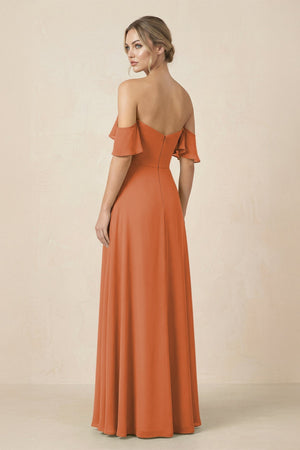 Off-the-Shoulder A-Line Chiffon Ruched Bridesmaid Dress in Terracotta - SHE IS ME BRIDESMAID DRESSES
