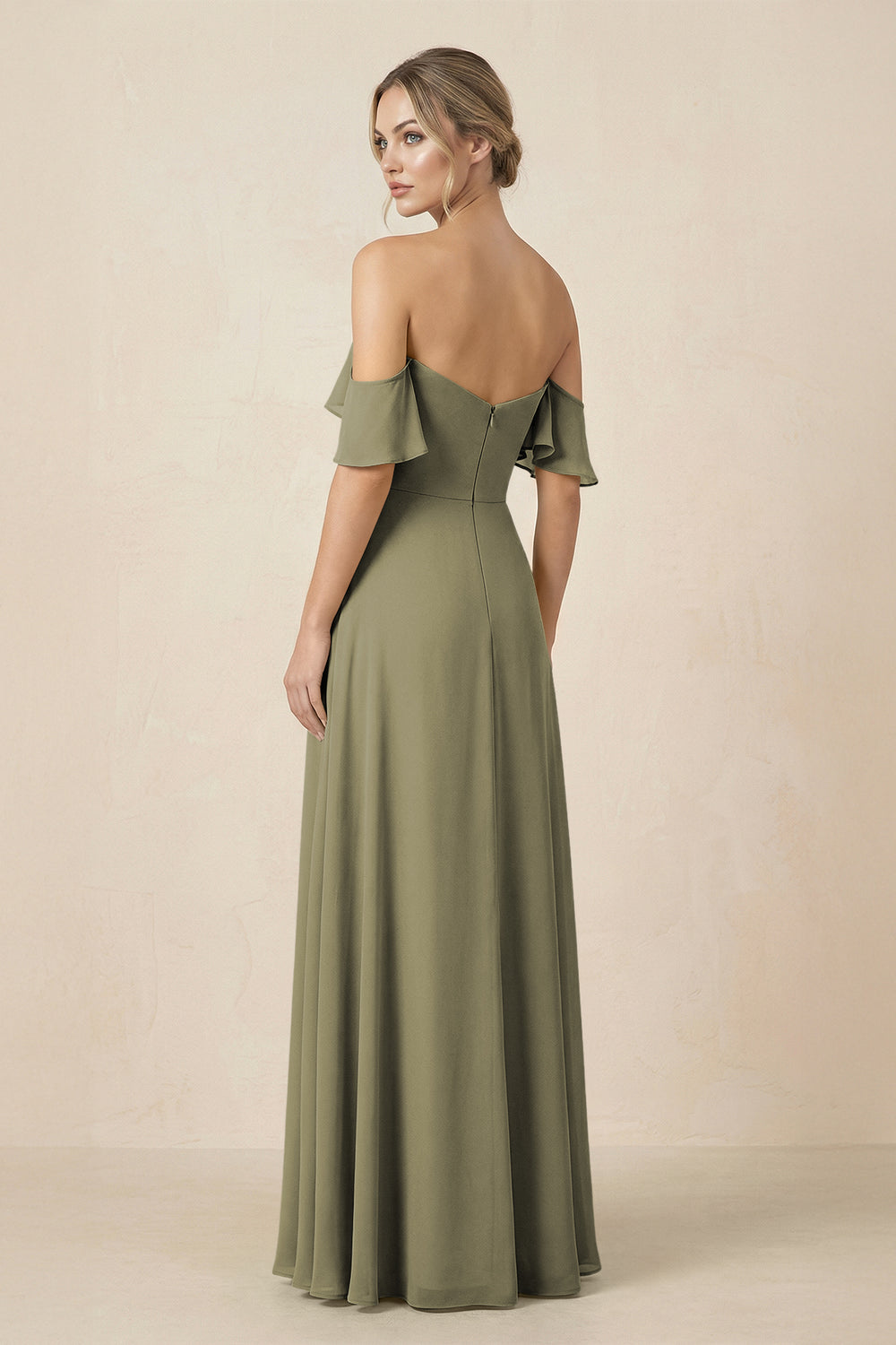 Off-the-Shoulder A-Line Chiffon Ruched Bridesmaid Dress in Thyme