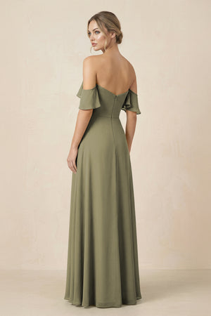 Off-the-Shoulder A-Line Chiffon Ruched Bridesmaid Dress in Thyme (2) | KISSBRIDAL