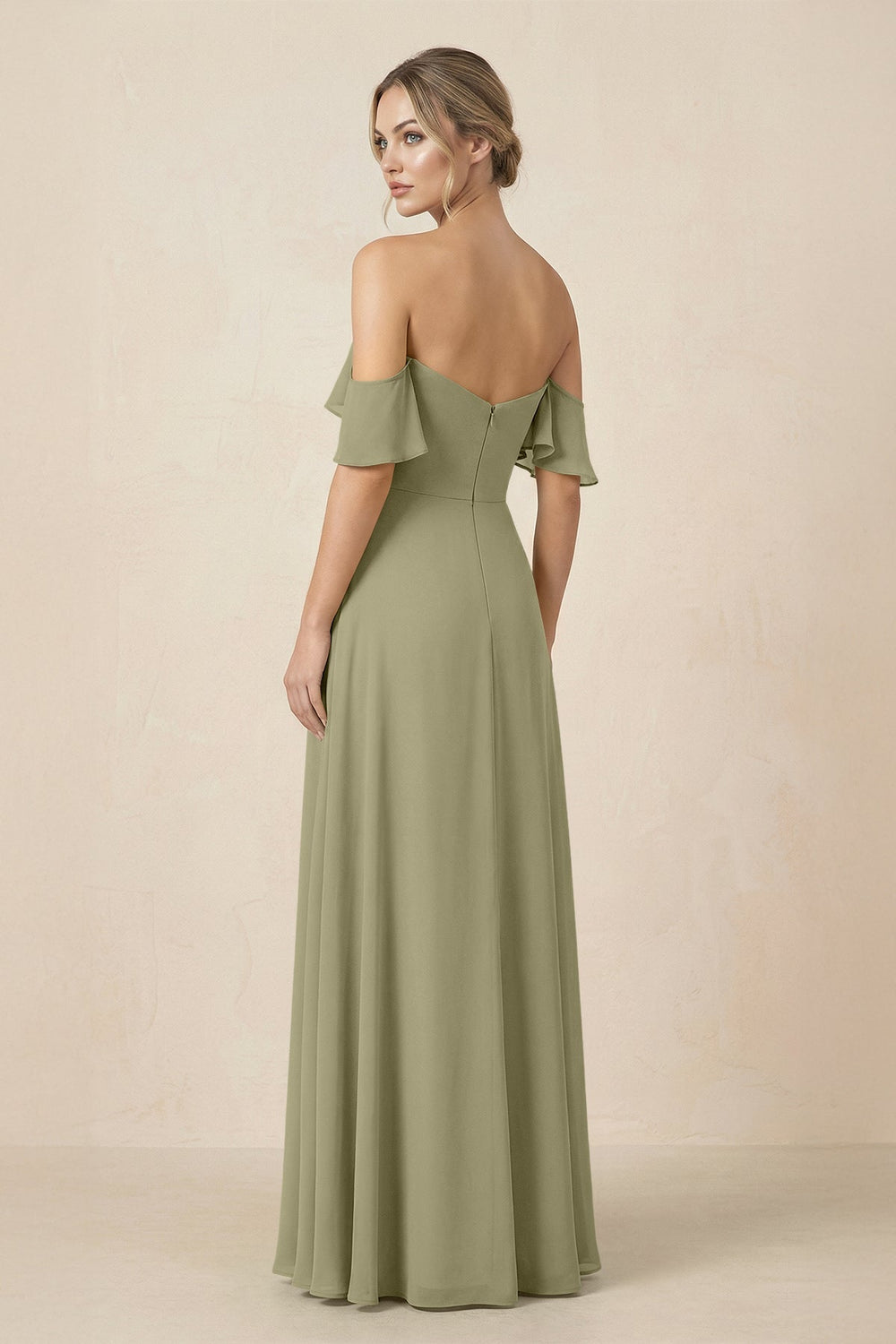 Off-the-Shoulder A-Line Chiffon Ruched Bridesmaid Dress in Thyme - KISS BRIDAL BRIDESMAID DRESSES