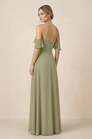 Off-the-Shoulder A-Line Chiffon Ruched Bridesmaid Dress in Thyme - SHE IS ME BRIDESMAID DRESSES