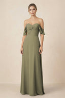Off-the-Shoulder A-Line Chiffon Ruched Bridesmaid Dress in Thyme | KISSBRIDAL