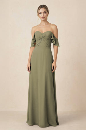 Off-the-Shoulder A-Line Chiffon Ruched Bridesmaid Dress in Thyme | KISSBRIDAL