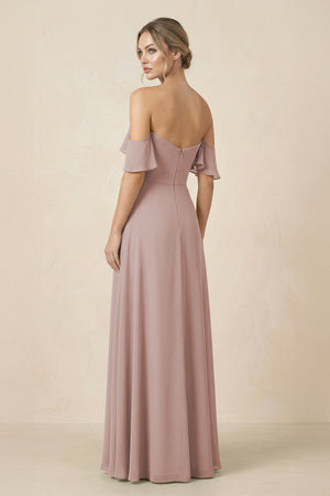 Off-the-Shoulder A-Line Chiffon Ruched Bridesmaid Dress in Toffee (2) | KISSBRIDAL