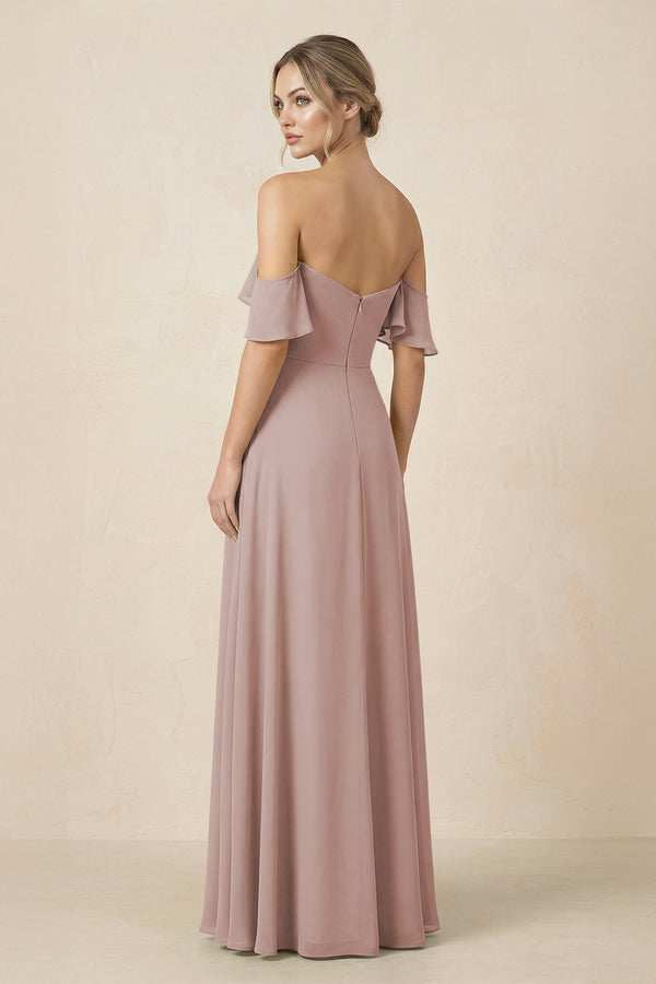 Off-the-Shoulder A-Line Chiffon Ruched Bridesmaid Dress in Toffee (2) | KISSBRIDAL