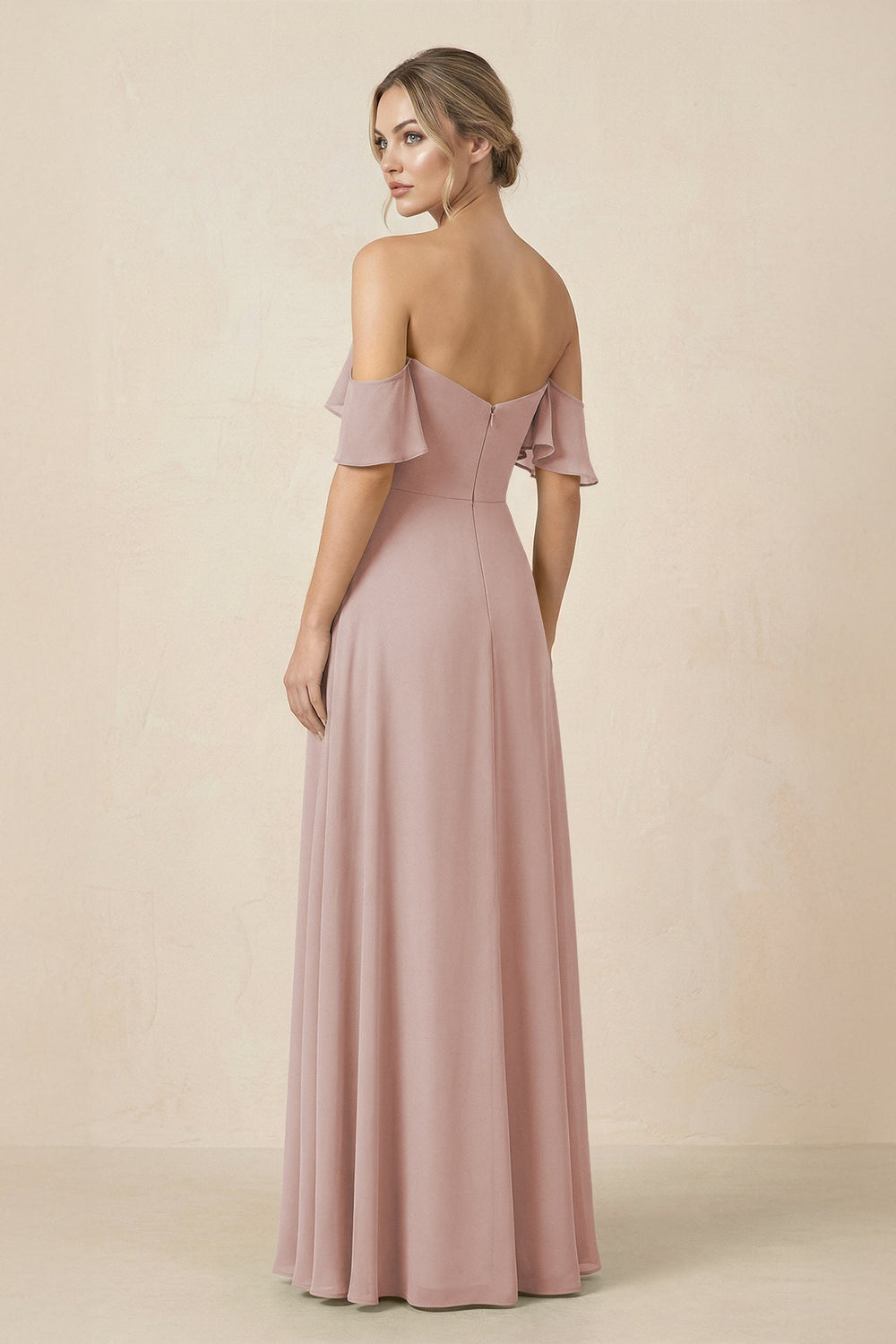 Off-the-Shoulder A-Line Chiffon Ruched Bridesmaid Dress in Toffee - KISS BRIDAL BRIDESMAID DRESSES