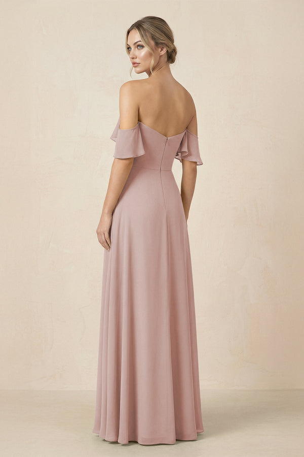 Off-the-Shoulder A-Line Chiffon Ruched Bridesmaid Dress in Toffee - SHE IS ME BRIDESMAID DRESSES