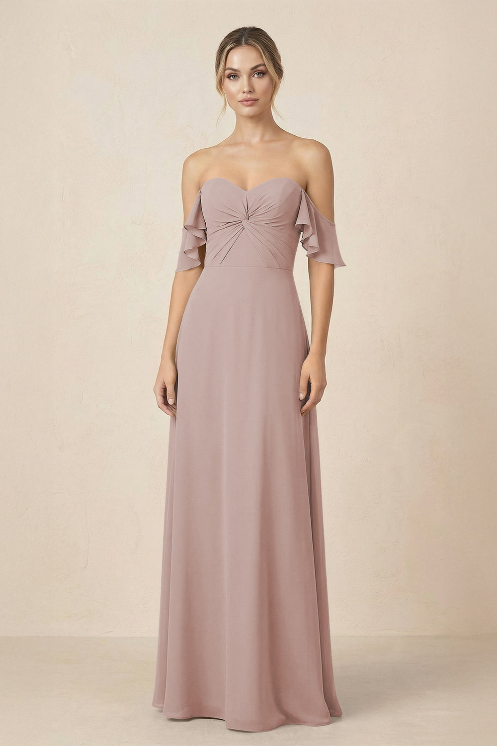 Off-the-Shoulder A-Line Chiffon Ruched Bridesmaid Dress in Toffee