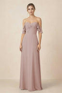 Off-the-Shoulder A-Line Chiffon Ruched Bridesmaid Dress in Toffee | KISSBRIDAL