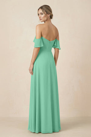 Off-the-Shoulder A-Line Chiffon Ruched Bridesmaid Dress in Turquoise - SHE IS ME BRIDESMAID DRESSES