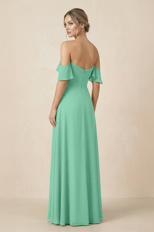 Off-the-Shoulder A-Line Chiffon Ruched Bridesmaid Dress in Turquoise - SHE IS ME BRIDESMAID DRESSES