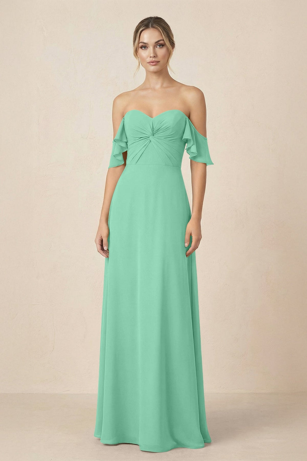 Off-the-Shoulder A-Line Chiffon Ruched Bridesmaid Dress in Turquoise - KISS BRIDAL BRIDESMAID DRESSES