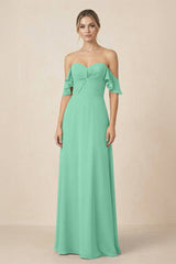 Off-the-Shoulder A-Line Chiffon Ruched Bridesmaid Dress in Turquoise - KISS BRIDAL BRIDESMAID DRESSES