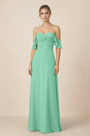 Off-the-Shoulder A-Line Chiffon Ruched Bridesmaid Dress in Turquoise - SHE IS ME BRIDESMAID DRESSES