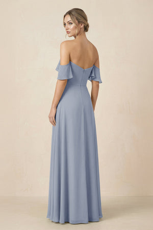Off-the-Shoulder A-Line Chiffon Ruched Bridesmaid Dress in Twilight - SHE IS ME BRIDESMAID DRESSES