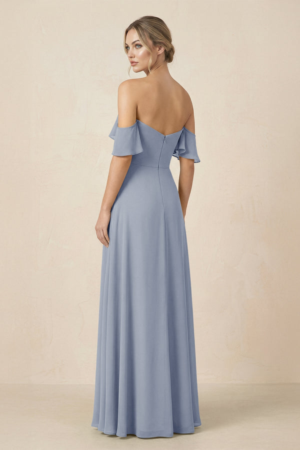 Off-the-Shoulder A-Line Chiffon Ruched Bridesmaid Dress in Twilight - SHE IS ME BRIDESMAID DRESSES