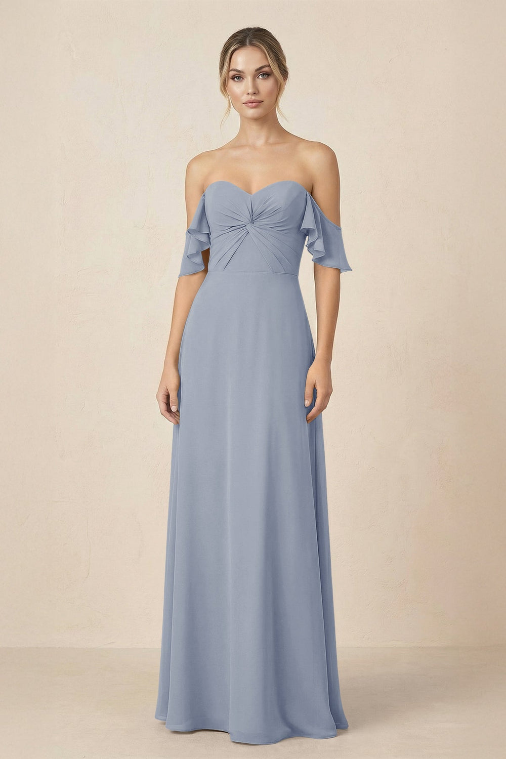 Off-the-Shoulder A-Line Chiffon Ruched Bridesmaid Dress in Twilight - KISS BRIDAL BRIDESMAID DRESSES