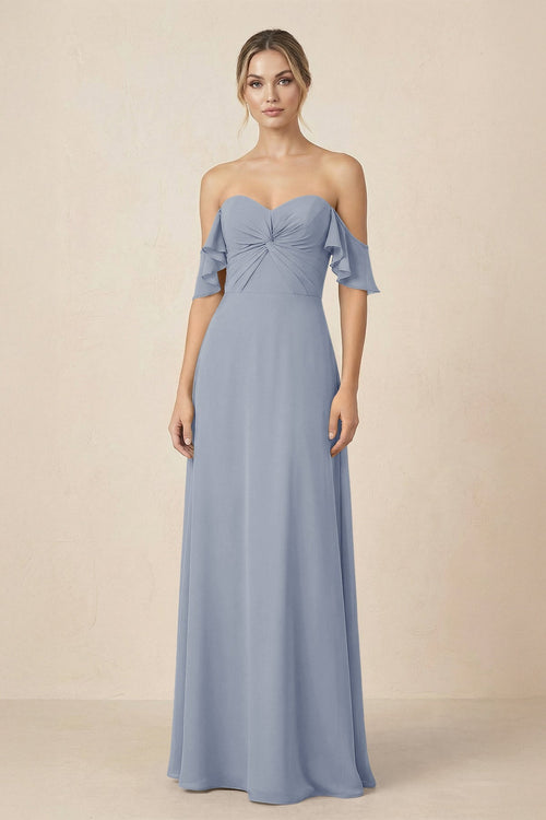 Off-the-Shoulder A-Line Chiffon Ruched Bridesmaid Dress in Twilight - SHE IS ME BRIDESMAID DRESSES
