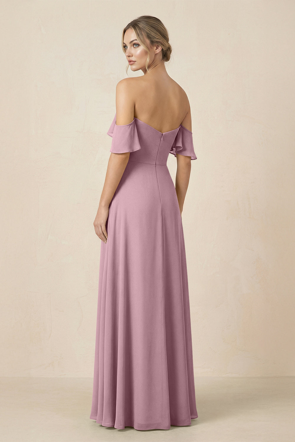 Off-the-Shoulder A-Line Chiffon Ruched Bridesmaid Dress in Vintage Mauve