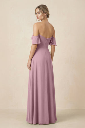 Off-the-Shoulder A-Line Chiffon Ruched Bridesmaid Dress in Vintage Mauve (2) | KISSBRIDAL