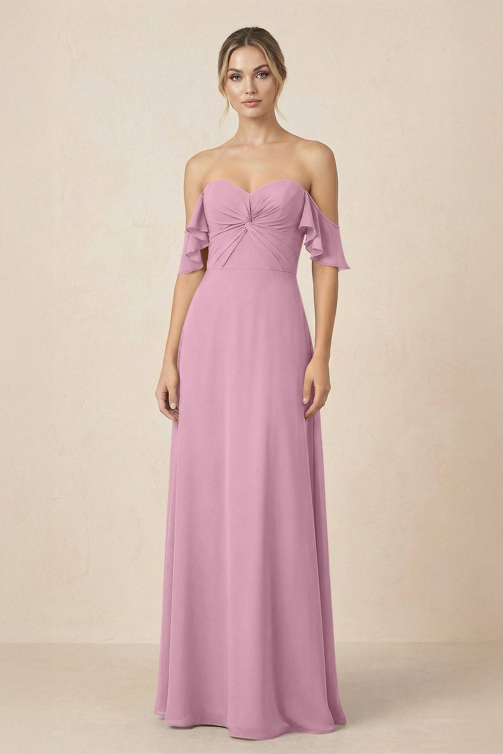 Off-the-Shoulder A-Line Chiffon Ruched Bridesmaid Dress in Vintage Mauve - KISS BRIDAL BRIDESMAID DRESSES