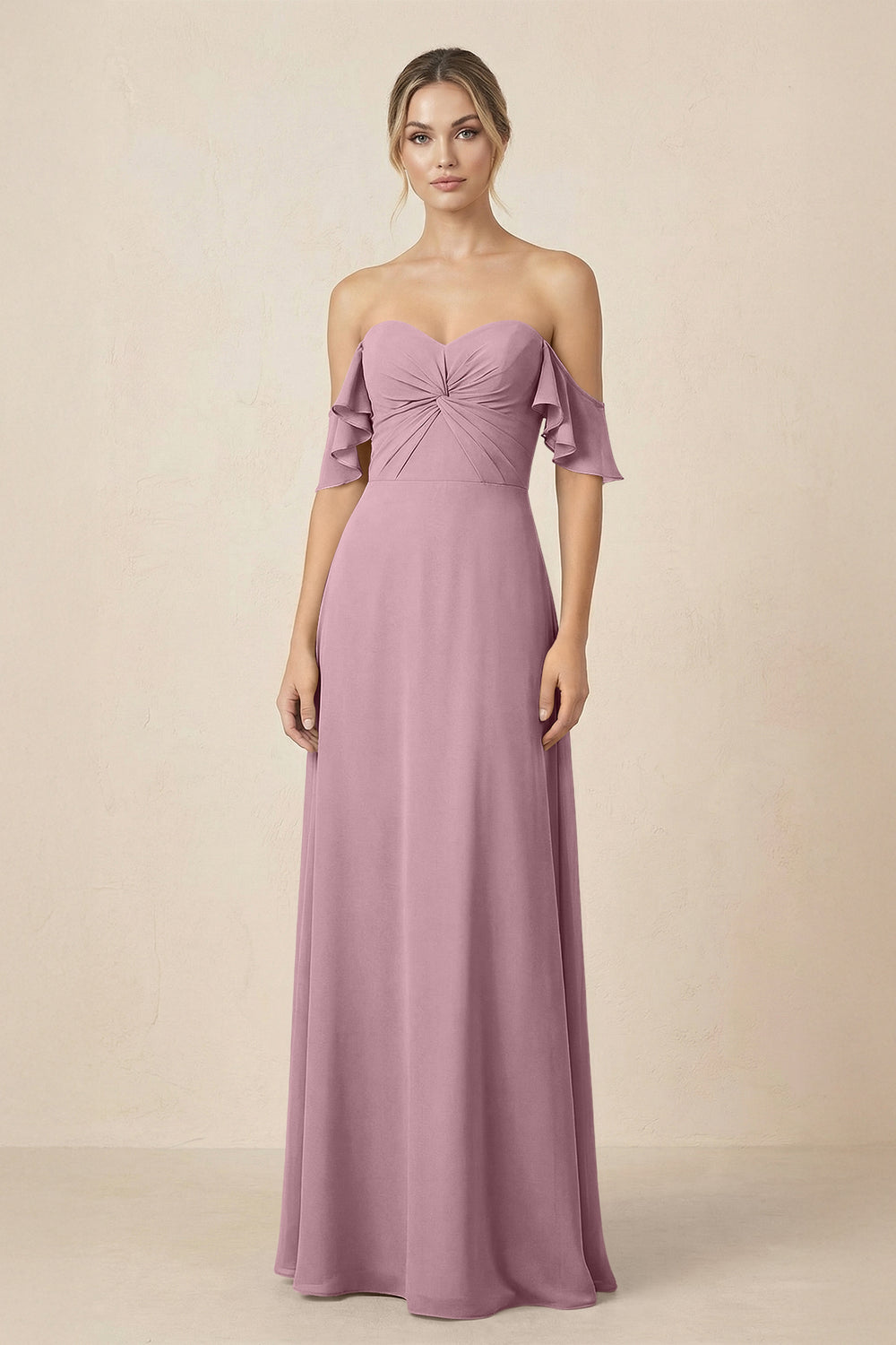 Off-the-Shoulder A-Line Chiffon Ruched Bridesmaid Dress in Vintage Mauve