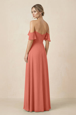 Off-the-Shoulder A-Line Chiffon Ruched Bridesmaid Dress in Wild Rose - SHE IS ME BRIDESMAID DRESSES