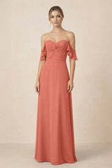 Off-the-Shoulder A-Line Chiffon Ruched Bridesmaid Dress in Wild Rose - KISS BRIDAL BRIDESMAID DRESSES