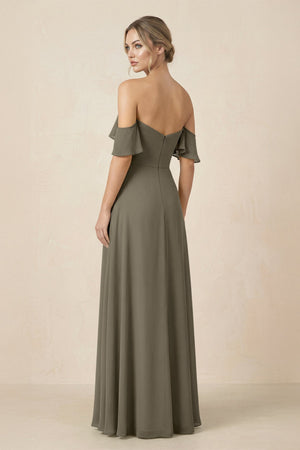 Off-the-Shoulder A-Line Chiffon Ruched Bridesmaid Dress in Willow Green - SHE IS ME BRIDESMAID DRESSES